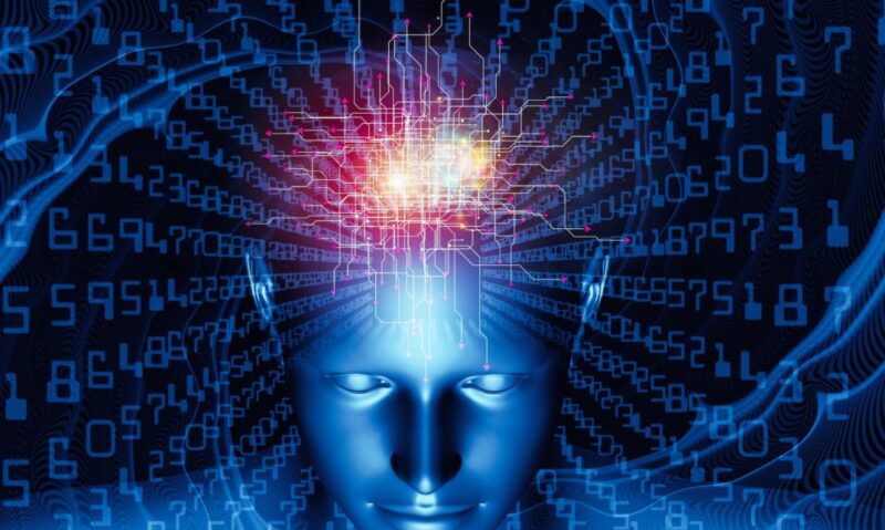 Digital representation of artificial intelligence with glowing neural network and binary data surrounding a human head Digital representation of artificial intelligence with glowing neural network and binary data surrounding a human head