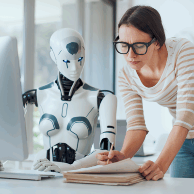 Female professional working alongside humanoid AI robot at a desk in a modern office setting Female professional working alongside humanoid AI robot at a desk in a modern office setting