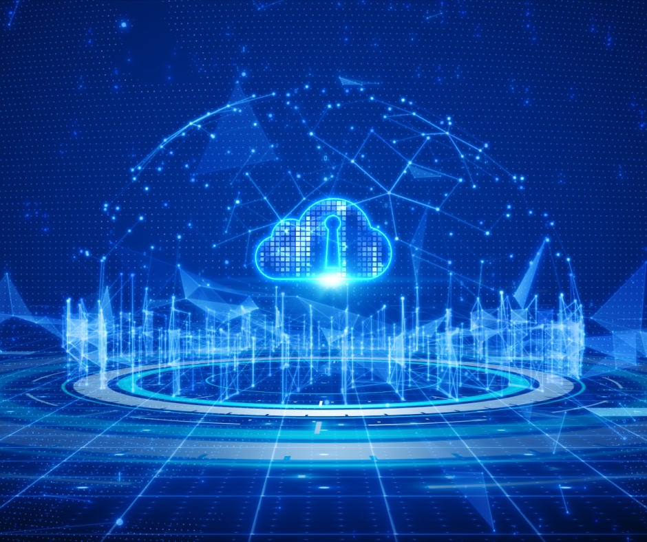 A futuristic digital illustration of a secure cloud network surrounded by glowing data connections and holographic analytics, symbolising enterprise-level data protection, cloud integration, and intelligent connectivity within modern digital infrastructures.