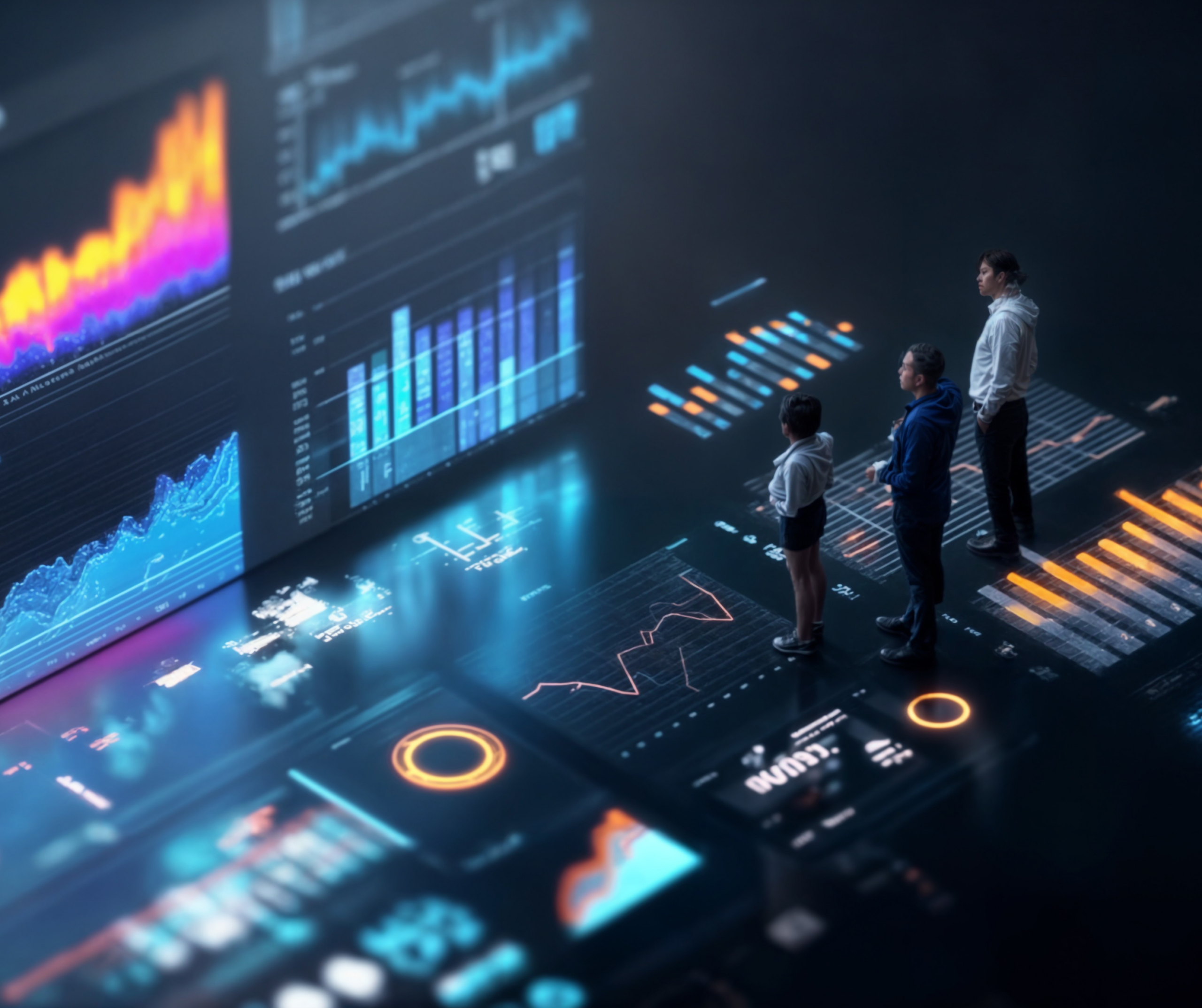 A futuristic enterprise analytics environment showing professionals analysing AI-driven dashboards with real-time performance metrics, predictive charts, and data visualisations. The image represents data-driven decision-making, revenue intelligence, and advanced analytics used by modern B2B organisations to optimise growth and strategy.