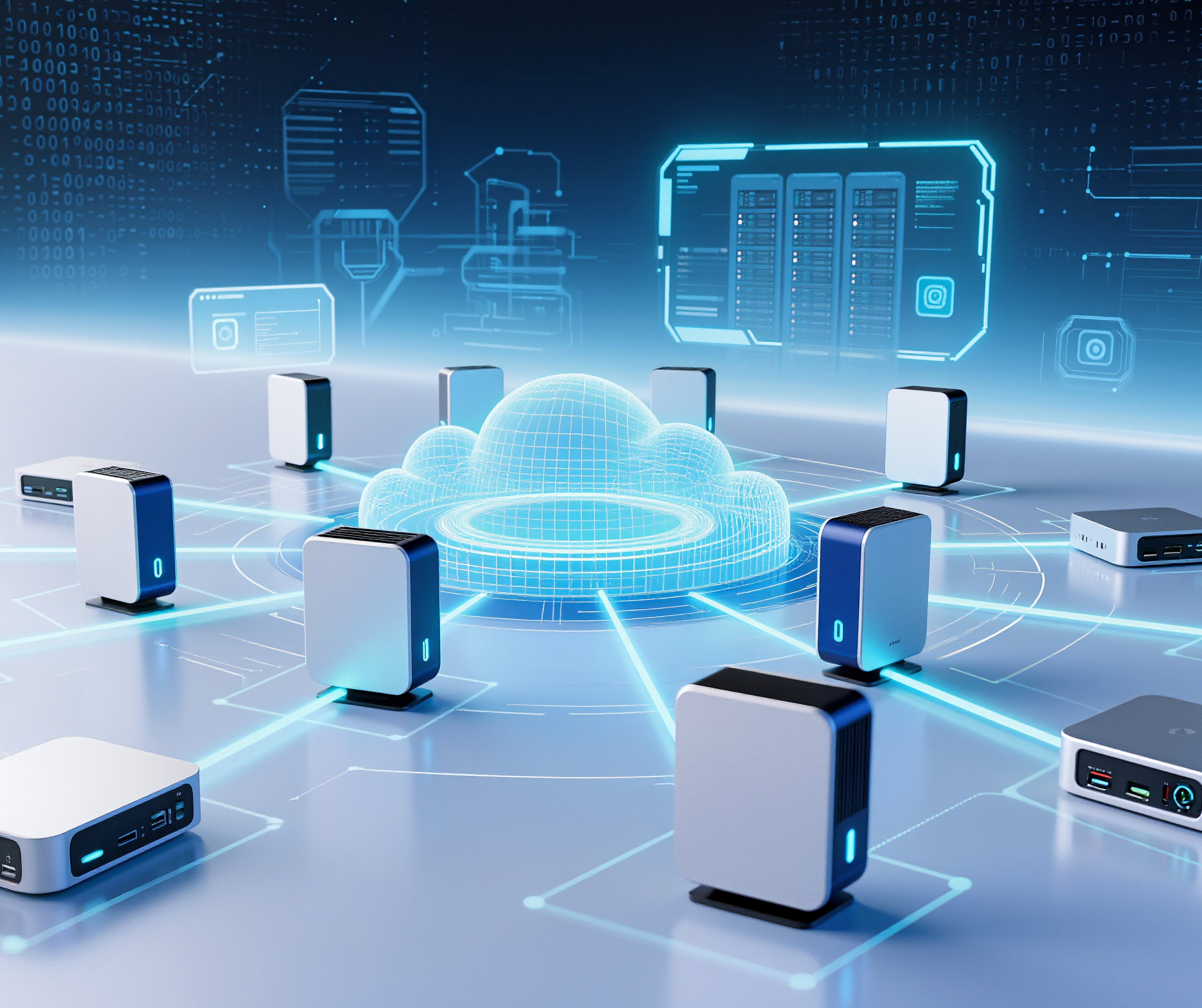 A futuristic cloud computing environment illustrating AI-driven infrastructure, edge devices, and interconnected servers supporting enterprise data processing. The visual represents distributed cloud architecture, intelligent workloads, and modern IT environments powering scalable, data-driven business operations.