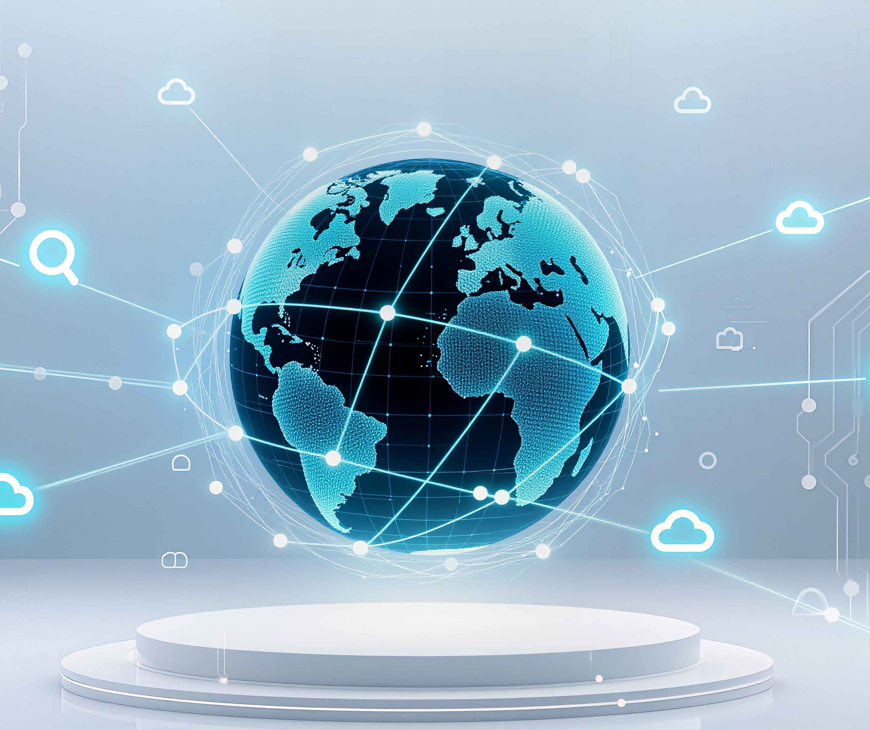 A digital globe surrounded by interconnected nodes and cloud icons, illustrating global cloud infrastructure, AI-enabled data flow, and secure enterprise connectivity across regions. The image symbolises scalable cloud platforms, distributed systems, and data-driven digital transformation for modern organisations.