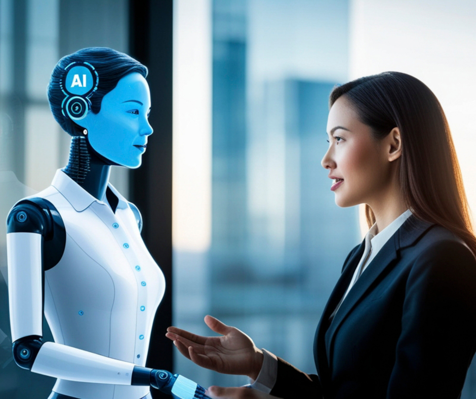 Business professional engaging with an AI-powered humanoid assistant in a modern enterprise setting, illustrating human–AI collaboration, intelligent automation, and the evolving role of artificial intelligence in strategic business decision-making.