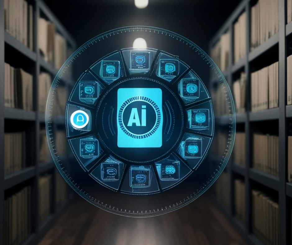 Futuristic AI interface displayed in a circular layout inside a library aisle, with an “AI” symbol at the center.