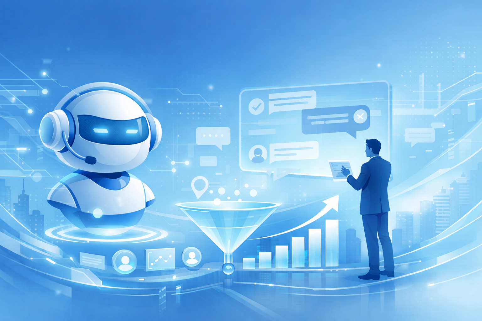 Futuristic AI chatbot interface supporting enterprise lead generation and conversational marketing. The image illustrates automated customer engagement, data funnel optimisation, and revenue growth analytics within a modern B2B martech environment.