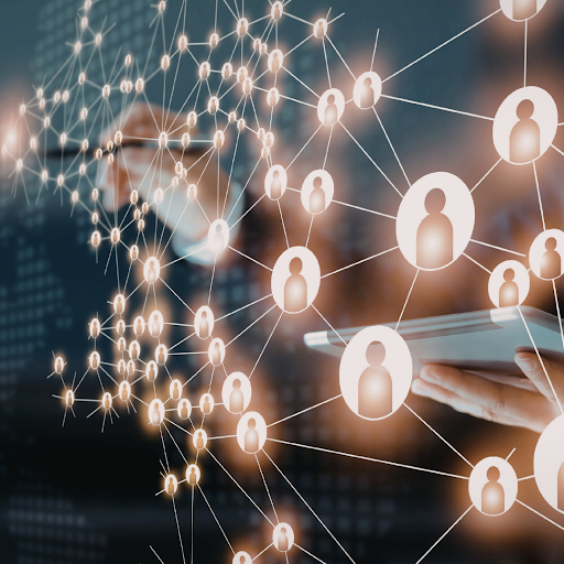 Digital network of connected user icons representing B2B audience targeting, data-driven marketing, and customer engagement analytics