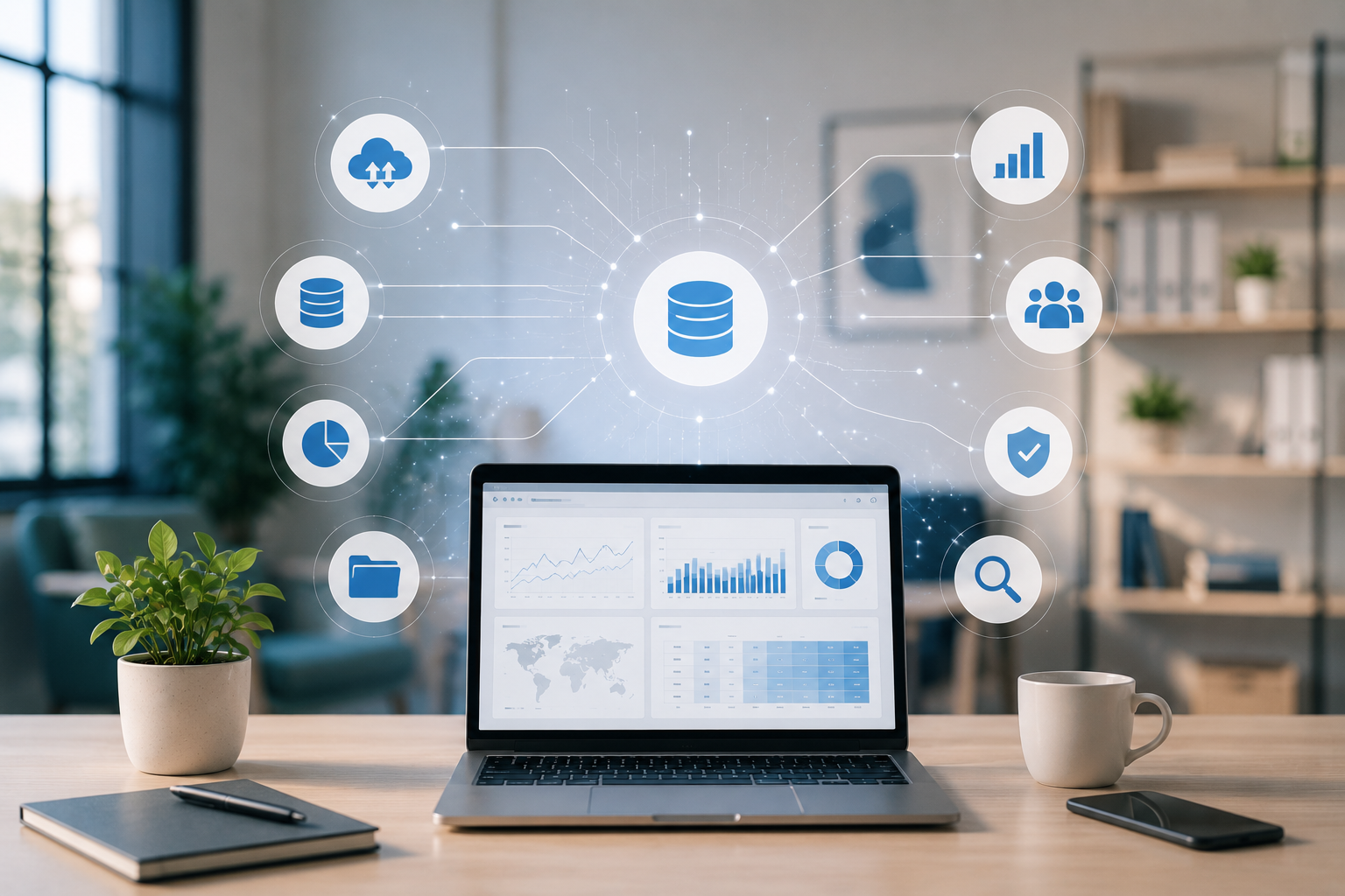 Laptop dashboard showing enterprise data, analytics, cloud, security, and audience intelligence in a connected data ecosystem.