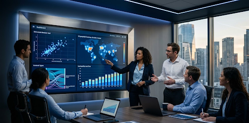 A professional B2B marketing team reviews customer engagement, campaign performance, and pipeline insights using a digital analytics dashboard.