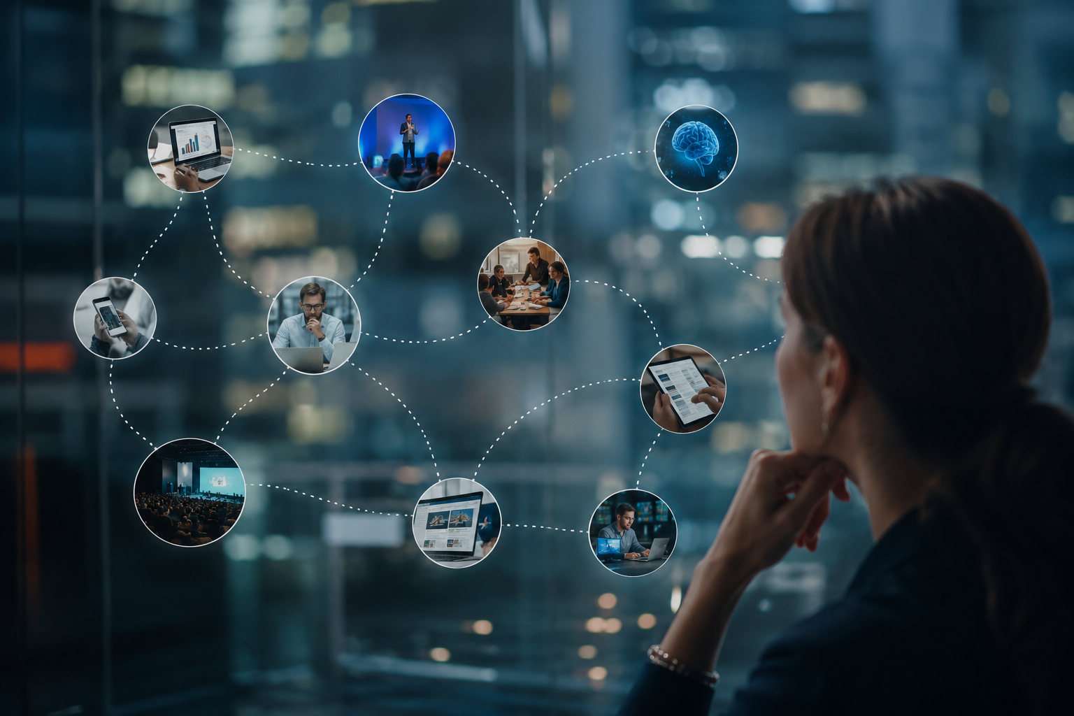 Business decision-maker viewing a connected digital buyer journey with touchpoints across events, content, data, and AI insights.