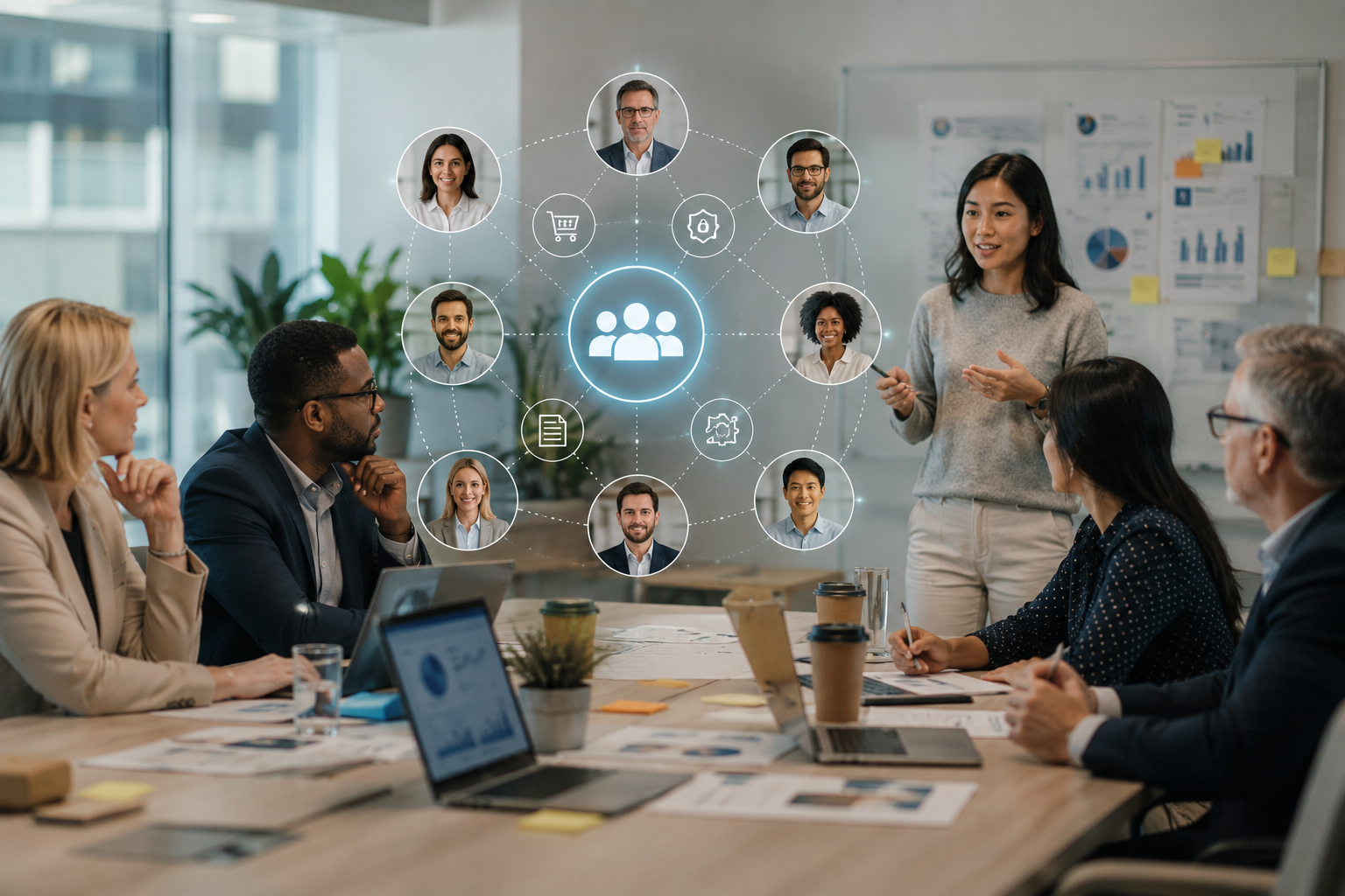 Marketing team discussing account-based strategy with a digital buying committee network and customer profiles displayed.