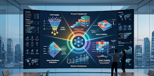 A high-tech demand generation dashboard visualises lead quality, account engagement, intent data, and nurture performance for B2B growth teams.