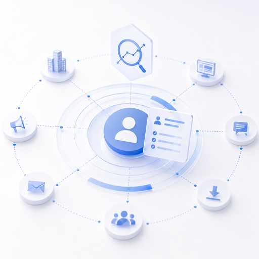 An AI-driven customer data ecosystem showing how buyer signals, engagement data and marketing channels connect to support smarter B2B demand generation.