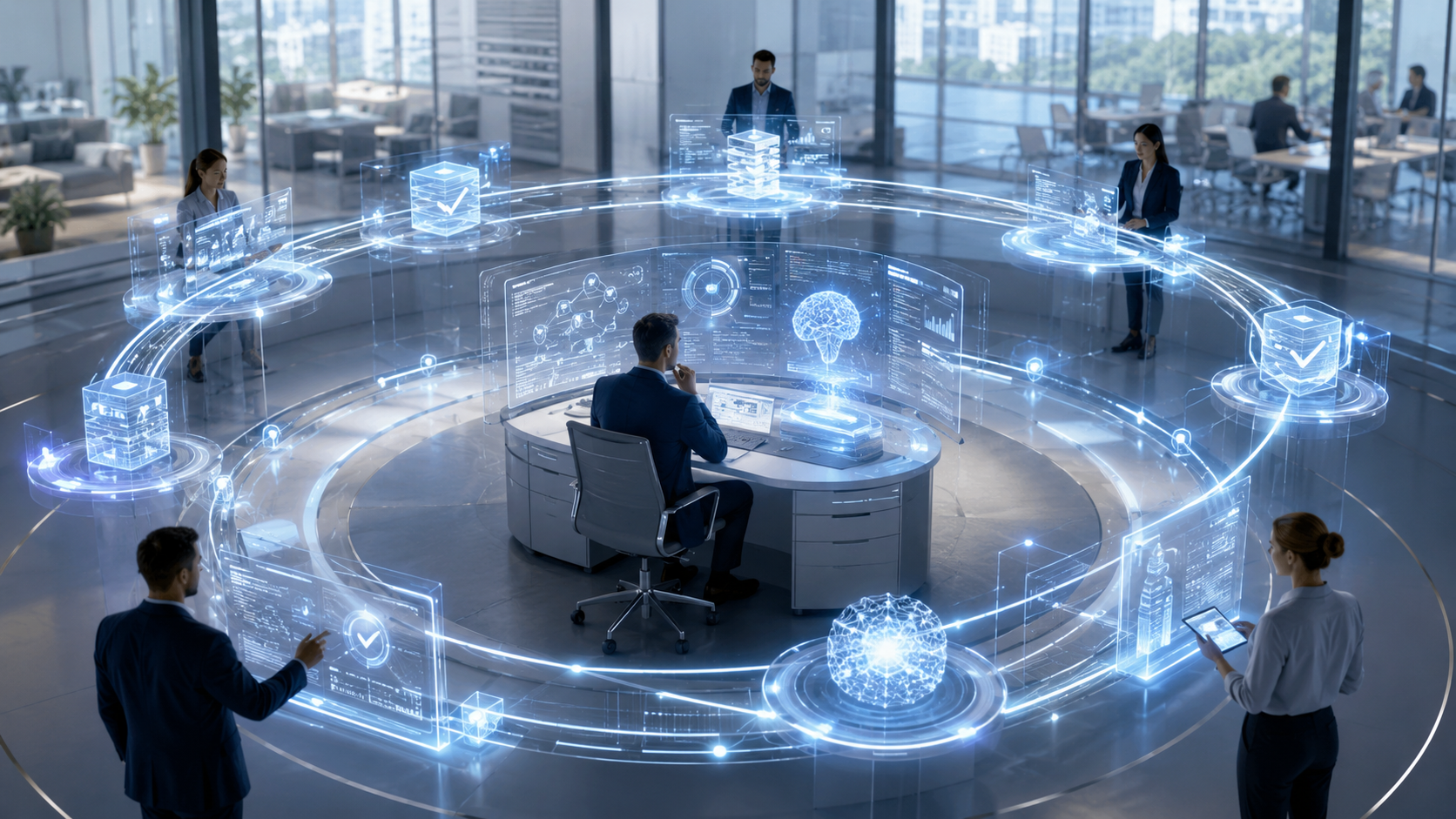 Enterprise team managing a connected autonomous AI system with digital workflows, data platforms and intelligent agents.