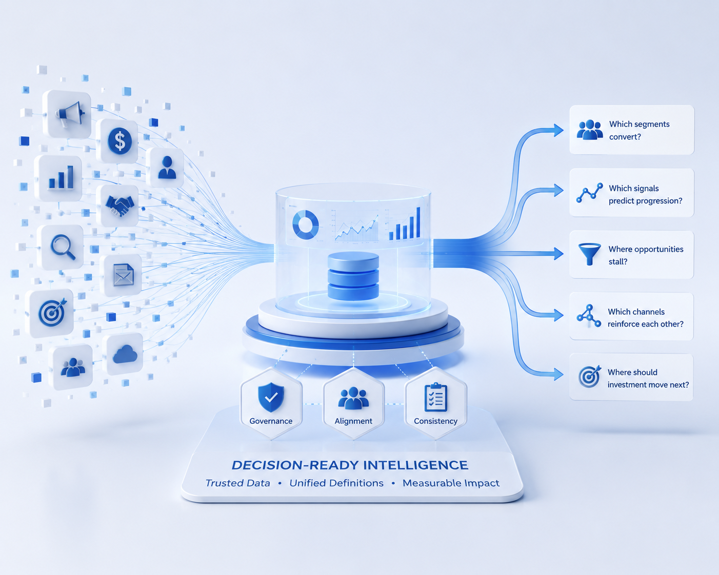 A business intelligence visual showing fragmented campaign and buyer signals being unified through governance, alignment and consistency to identify conversion patterns, pipeline progression and future investment priorities.