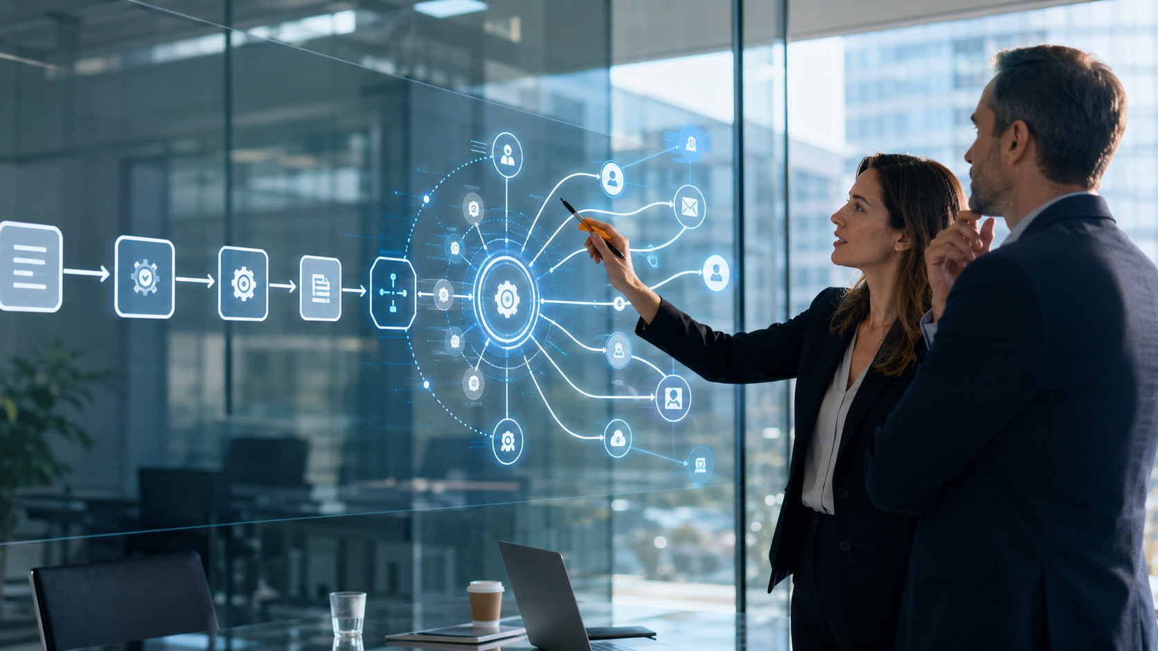 Business leaders reviewing an AI-powered automated demand generation workflow on a digital glass display.