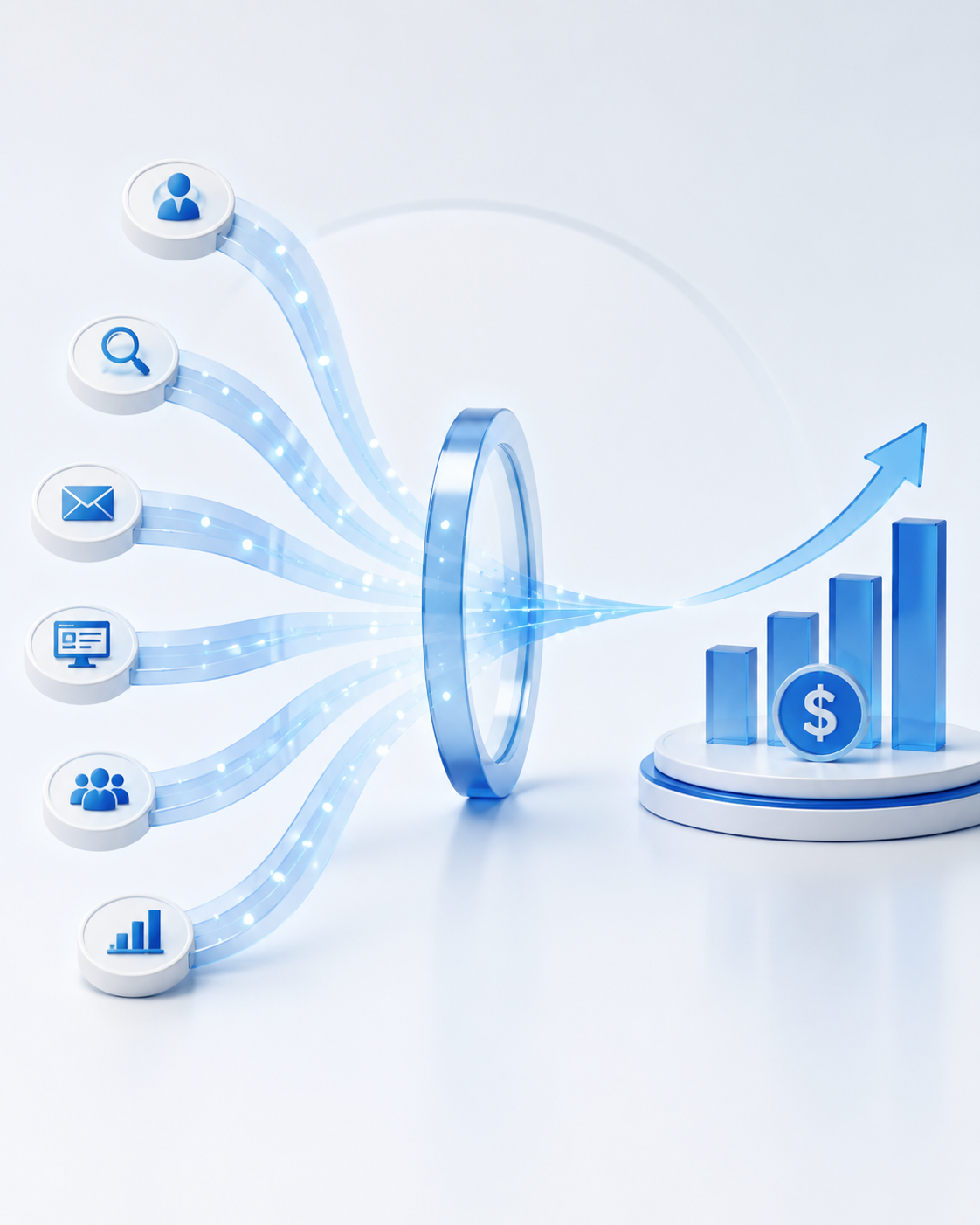 A 3D illustration showing customer, search, email, content and account engagement signals flowing through a unified measurement system to generate pipeline growth and measurable revenue outcomes.