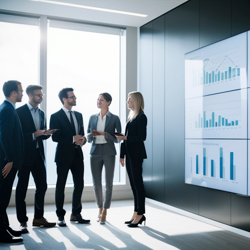 Business professionals reviewing performance charts and analytics on a digital display during a B2B strategy discussion.