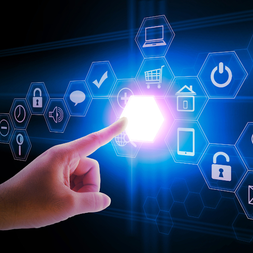 Hand interacting with a digital technology interface featuring cybersecurity, cloud, mobile and data icons.
