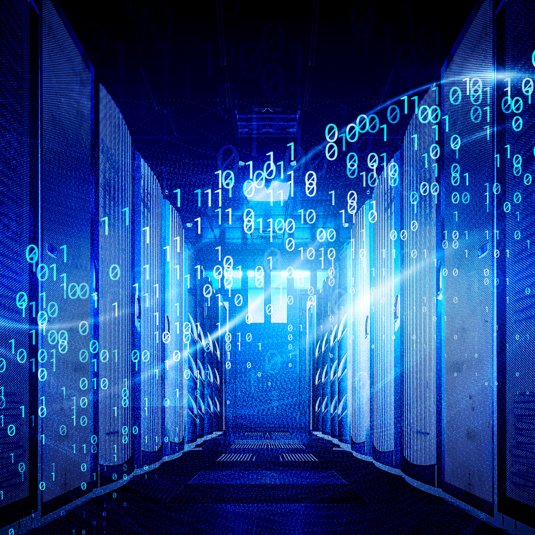 Modern enterprise data centre with servers and binary data streams representing digital infrastructure and data technology.